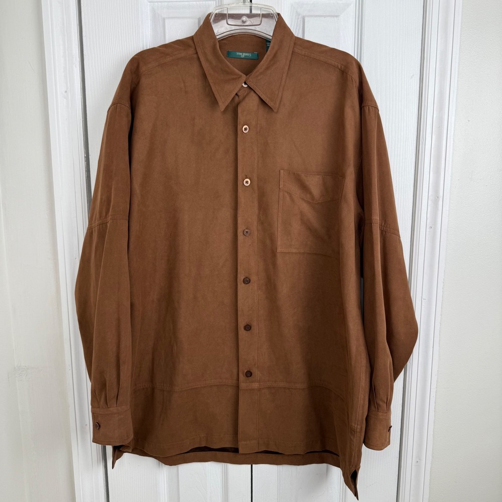 Tom James Faux Suede Button Front Shirt Brown‎ Long Sleeve Men's Medium